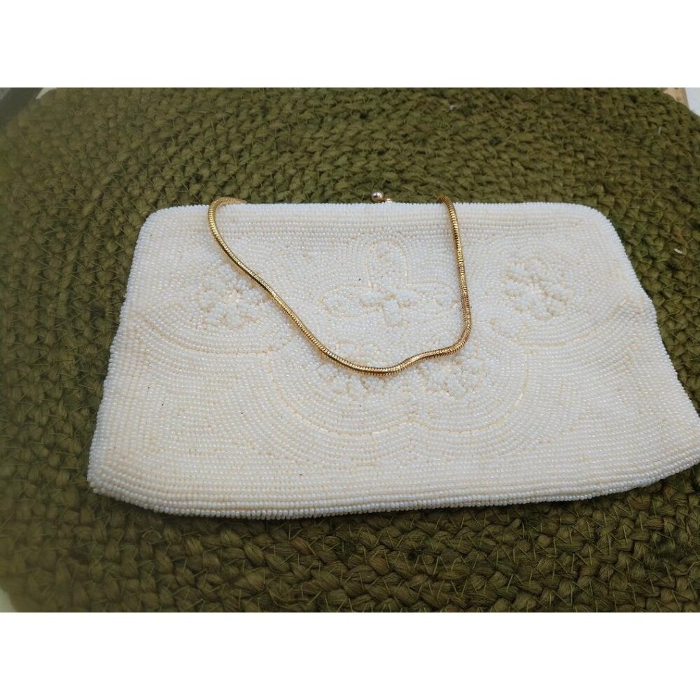 Vintage White Beaded Clutch Purse With Gold Chain & Satin Lining Made in Japan